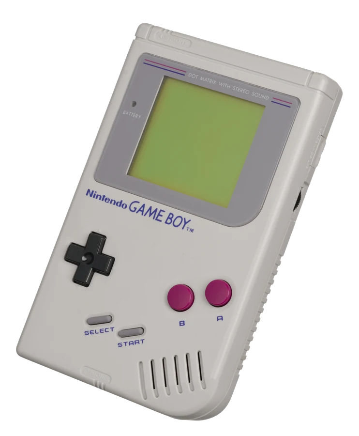 Gray original upright Game Boy with a green-tinted monochrome screen.